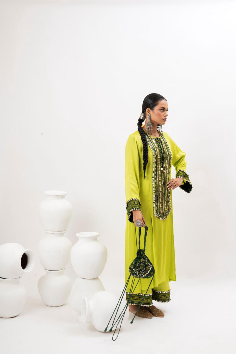 Ajrakh Handcrafted Potli - Green (2) satin by PRAHNAAYA for women Worldwide