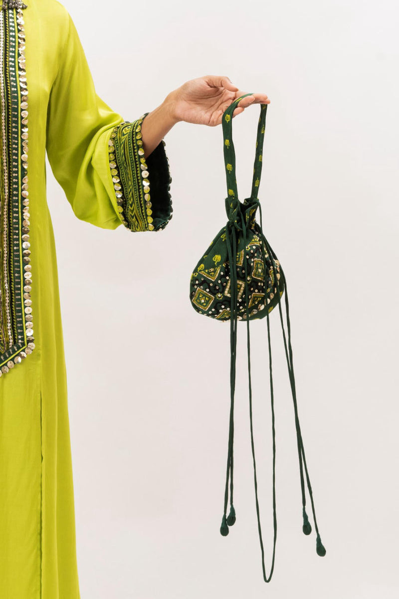Ajrakh Handcrafted Potli - Green (2) satin by PRAHNAAYA for women Worldwide