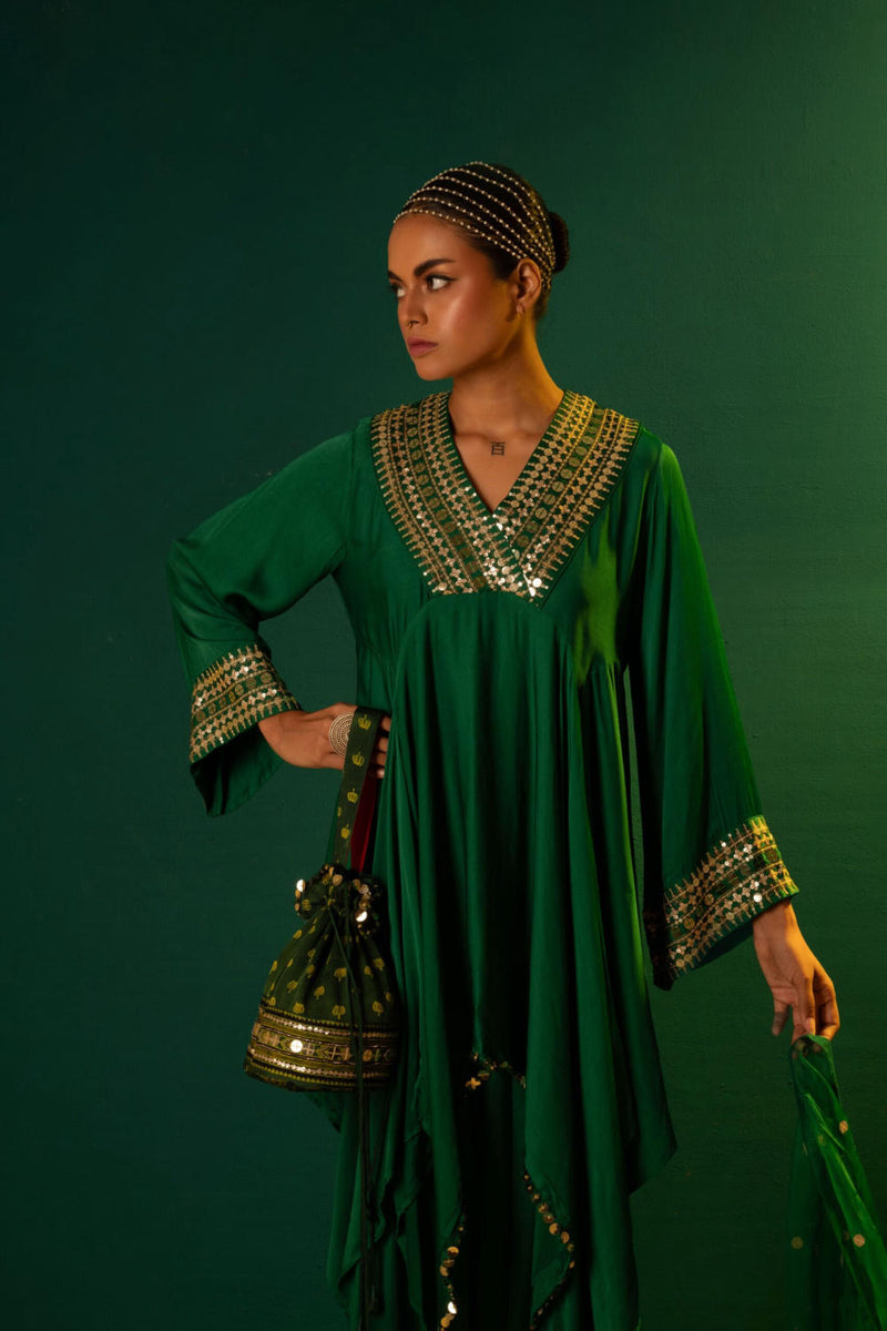 Ajrakh Handcrafted Potli - Green (3) satin by PRAHNAAYA for women Worldwide