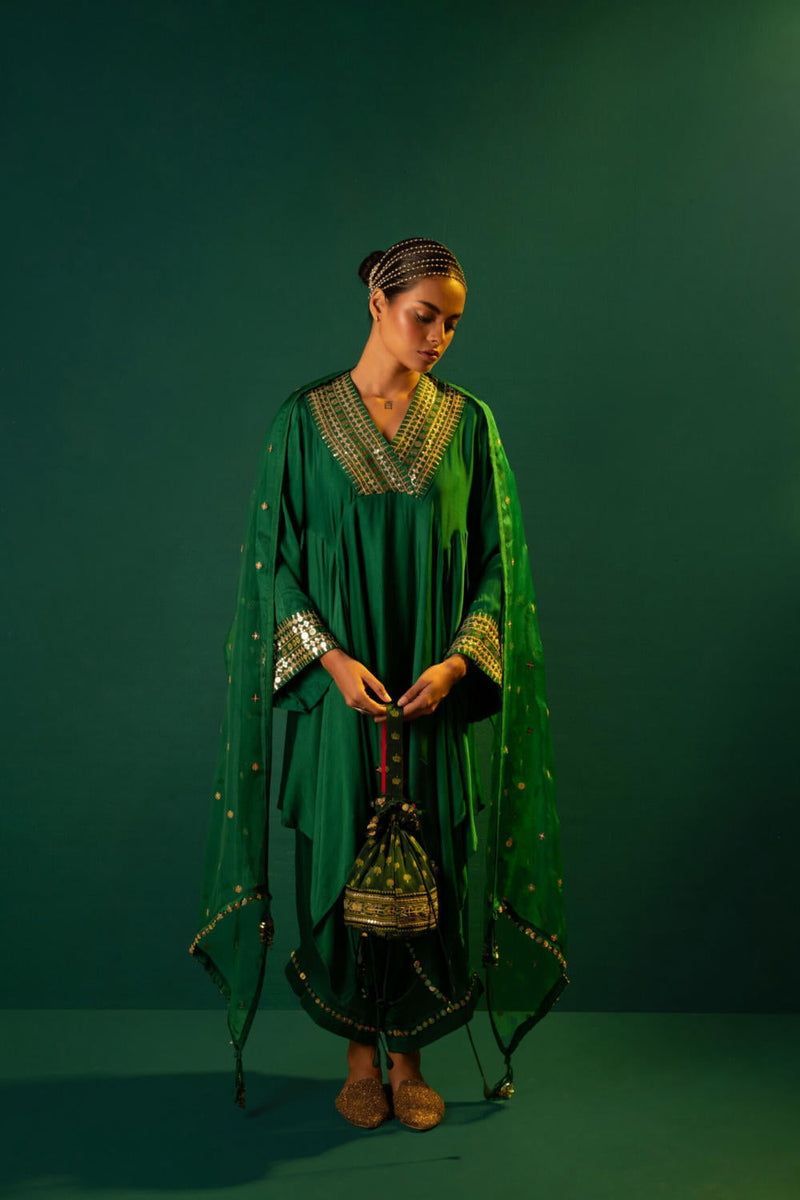 Ajrakh Handcrafted Potli - Green (3) satin by PRAHNAAYA for women Worldwide