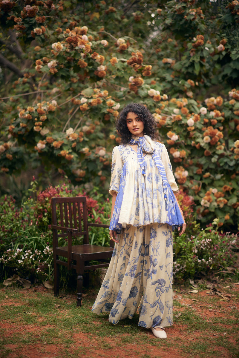 Azure Peplum Set chanderi by Paulmi & Harsh in blue, ivory for women Worldwide