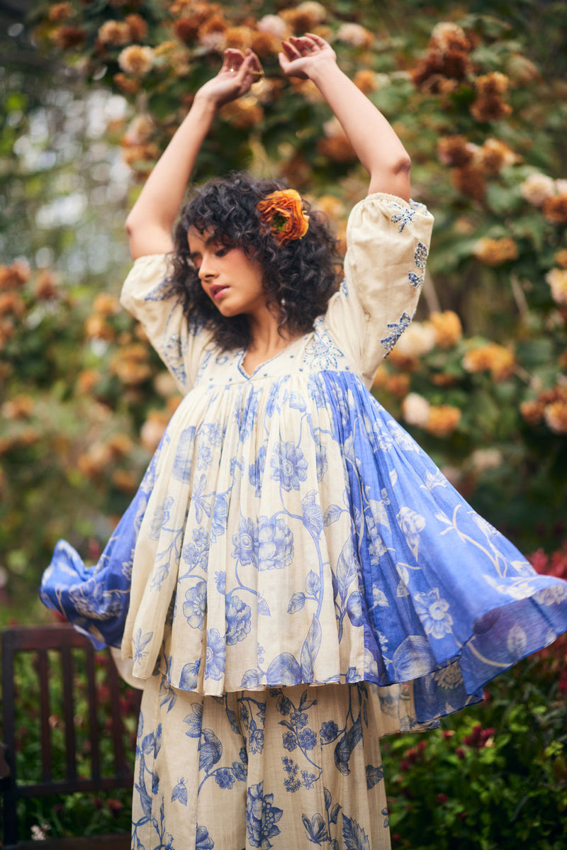 Azure Peplum Set chanderi by Paulmi & Harsh in blue, ivory for women Worldwide