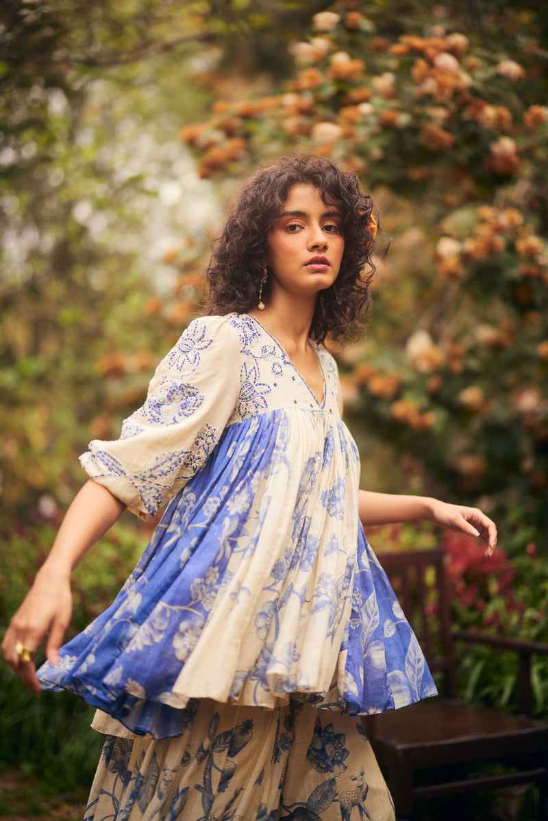 Azure Peplum Set chanderi by Paulmi & Harsh in blue, ivory for women Worldwide