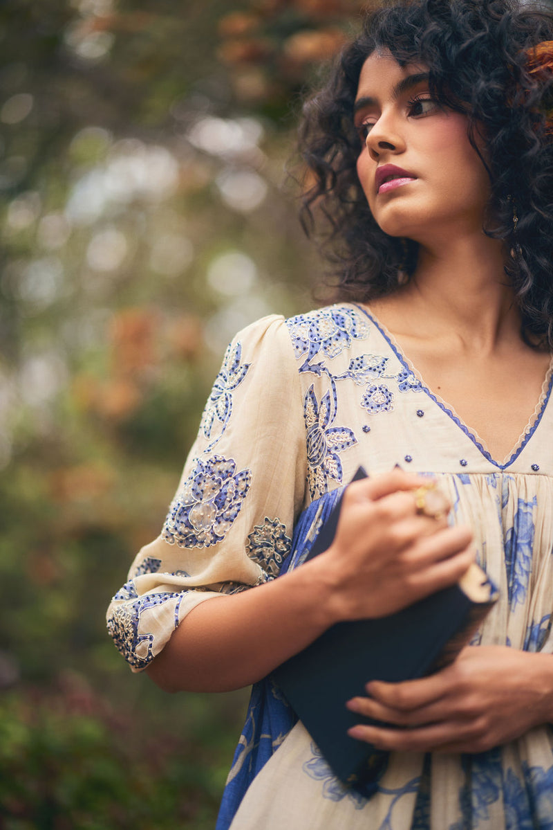 Azure Peplum Set chanderi by Paulmi & Harsh in blue, ivory for women Worldwide