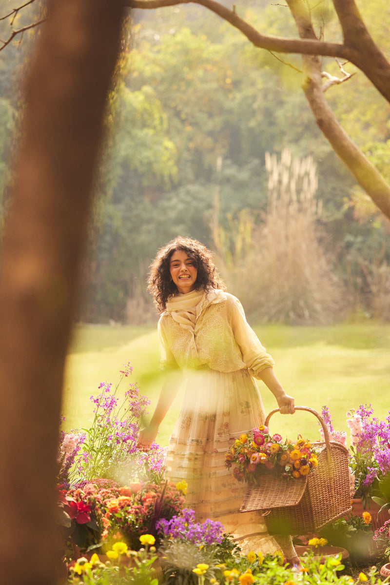 Cassandra Skirt Set-Ivory chanderi by Paulmi & Harsh in ivory for women Worldwide