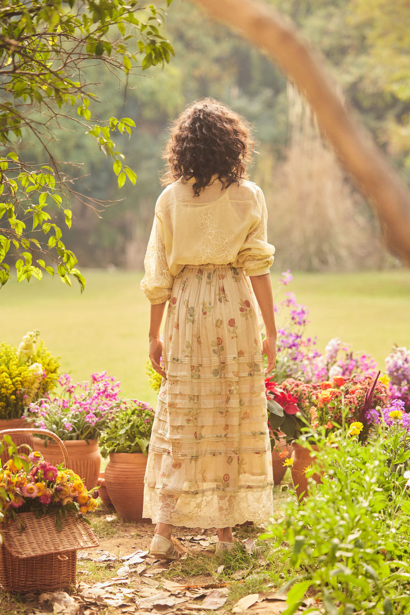 Cassandra Skirt Set-Ivory chanderi by Paulmi & Harsh in ivory for women Worldwide