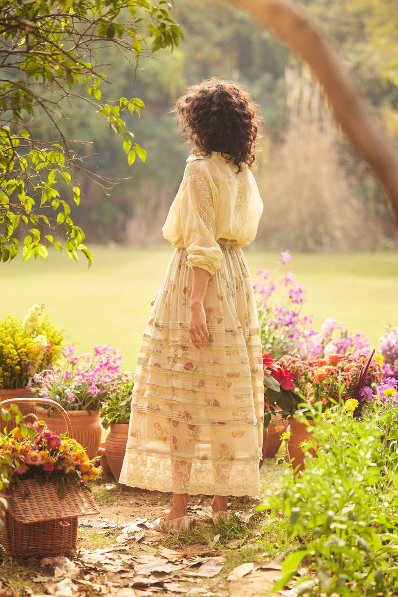 Cassandra Skirt Set-Ivory chanderi by Paulmi & Harsh in ivory for women Worldwide