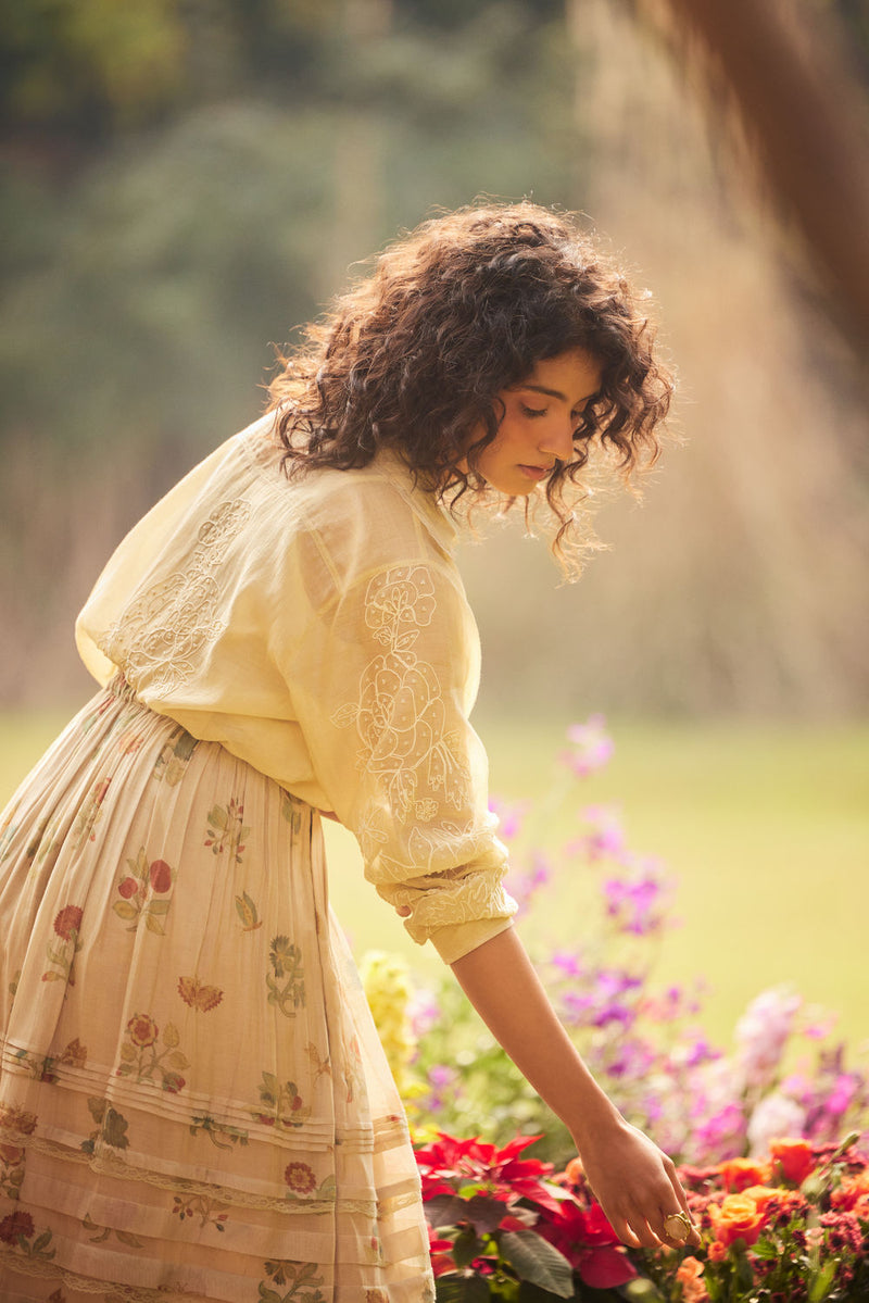 Cassandra Skirt Set-Ivory chanderi by Paulmi & Harsh in ivory for women Worldwide