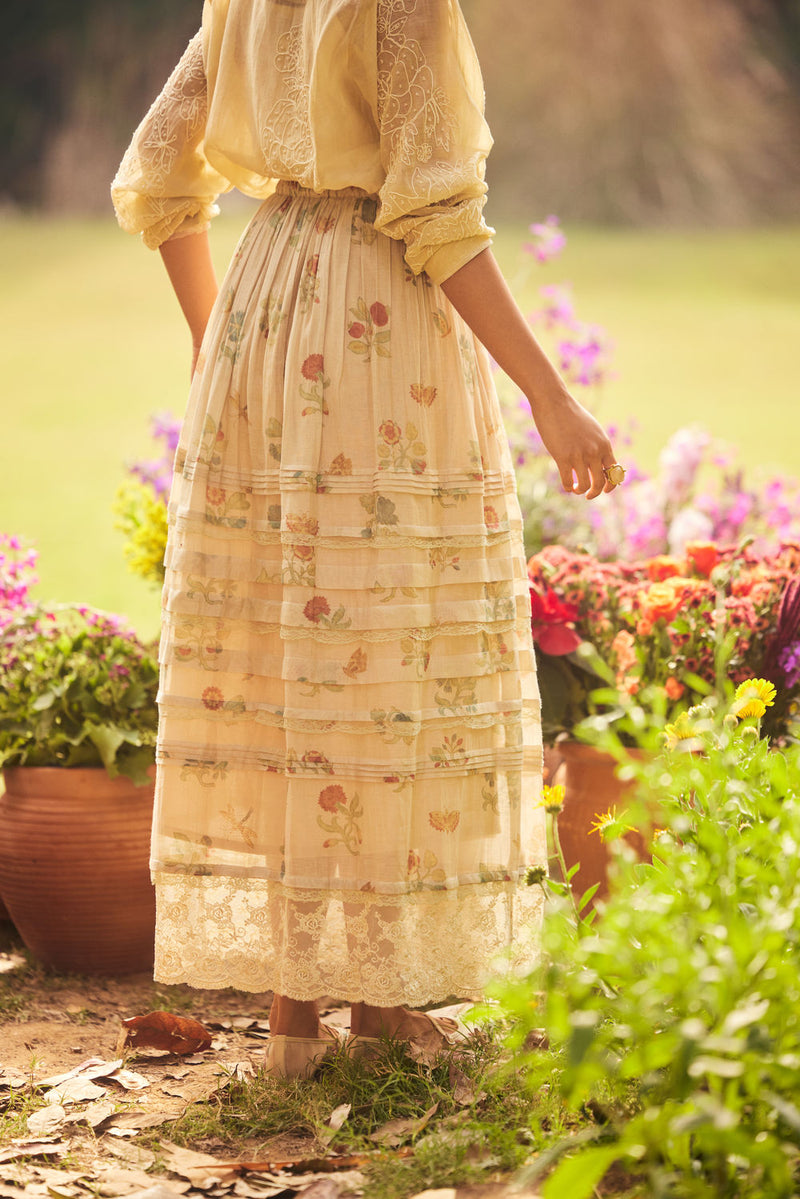 Cassandra Skirt Set-Ivory chanderi by Paulmi & Harsh in ivory for women Worldwide