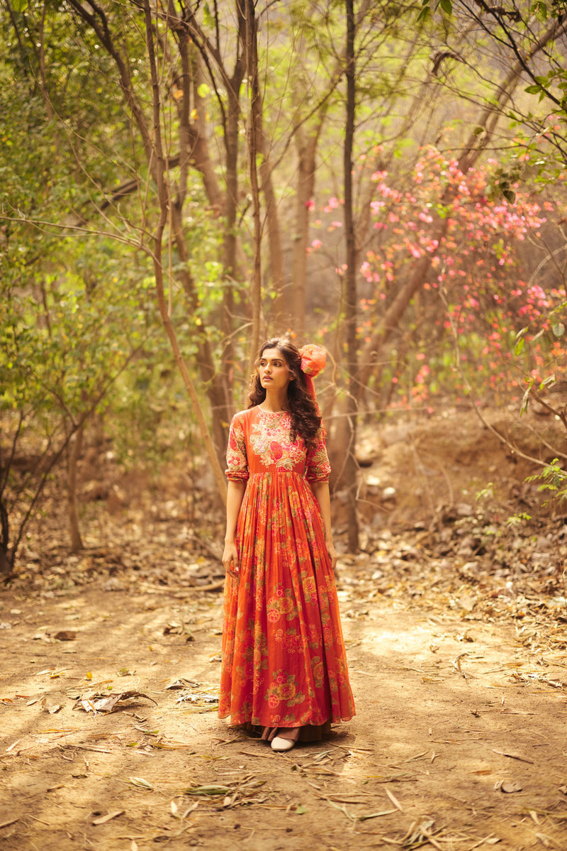 Freesia Maxi Set chanderi by Paulmi & Harsh in red orange for women Worldwide