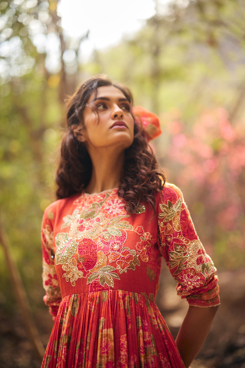 Freesia Maxi Set chanderi by Paulmi & Harsh in red orange for women Worldwide