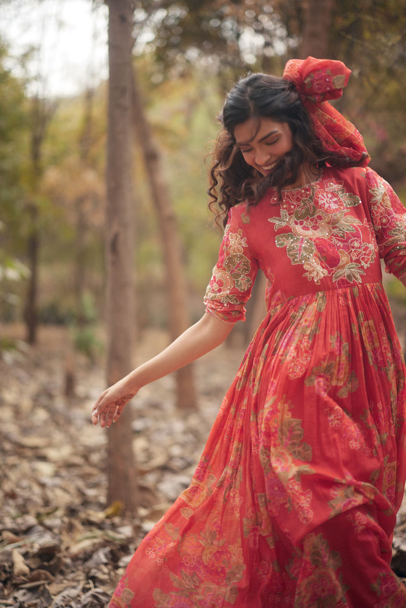 Freesia Maxi Set chanderi by Paulmi & Harsh in red orange for women Worldwide