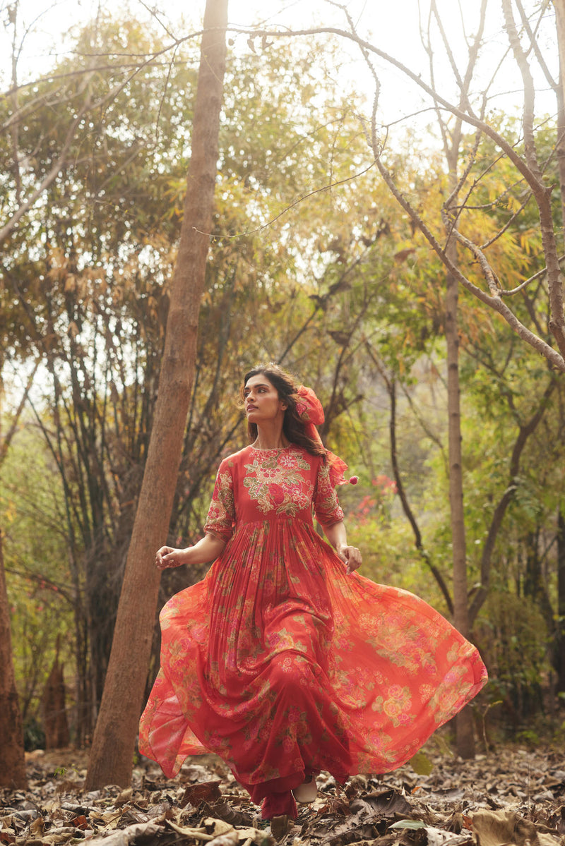 Freesia Maxi Set chanderi by Paulmi & Harsh in red orange for women Worldwide