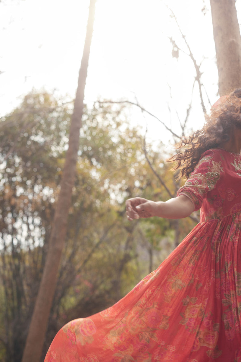 Freesia Maxi Set chanderi by Paulmi & Harsh in red orange for women Worldwide