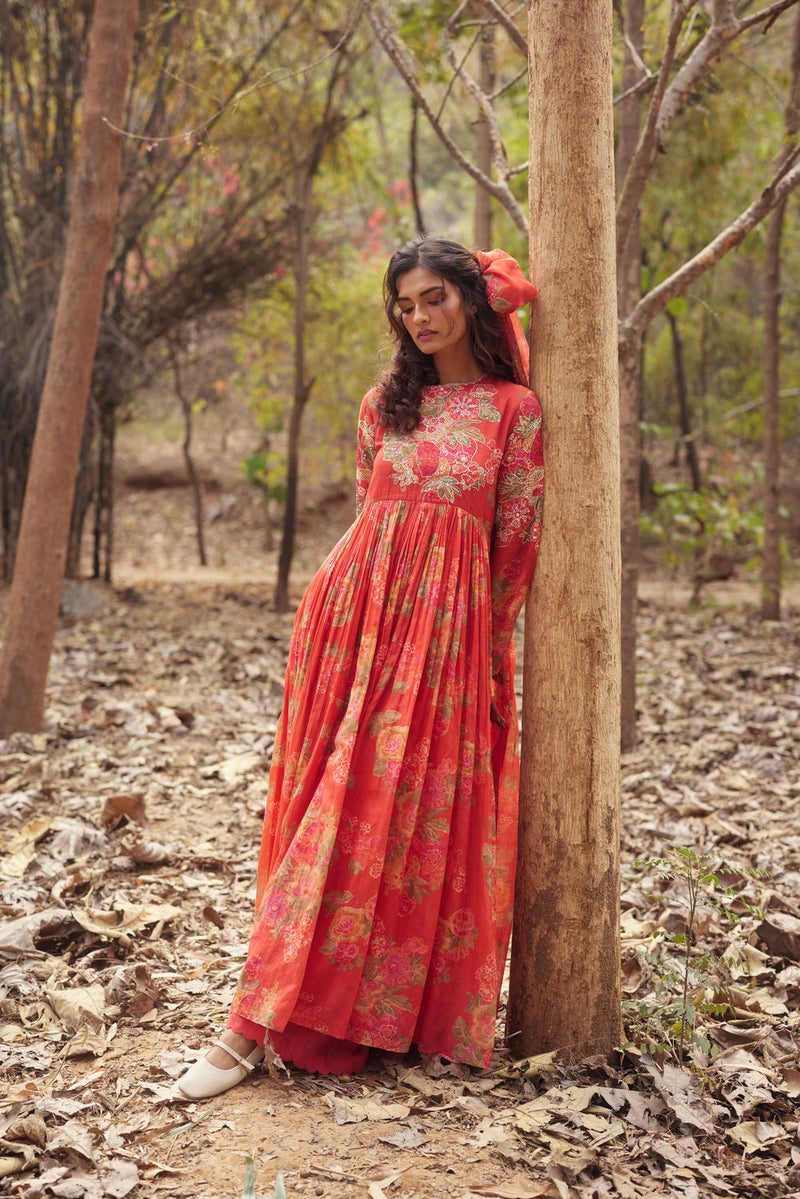 Freesia Maxi Set chanderi by Paulmi & Harsh in red orange for women Worldwide