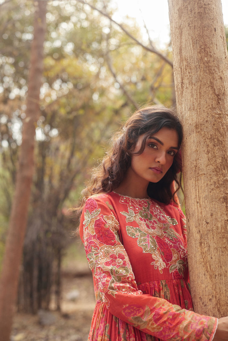 Freesia Maxi Set chanderi by Paulmi & Harsh in red orange for women Worldwide