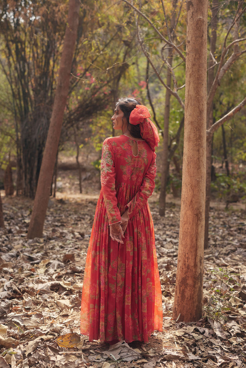 Freesia Maxi Set chanderi by Paulmi & Harsh in red orange for women Worldwide