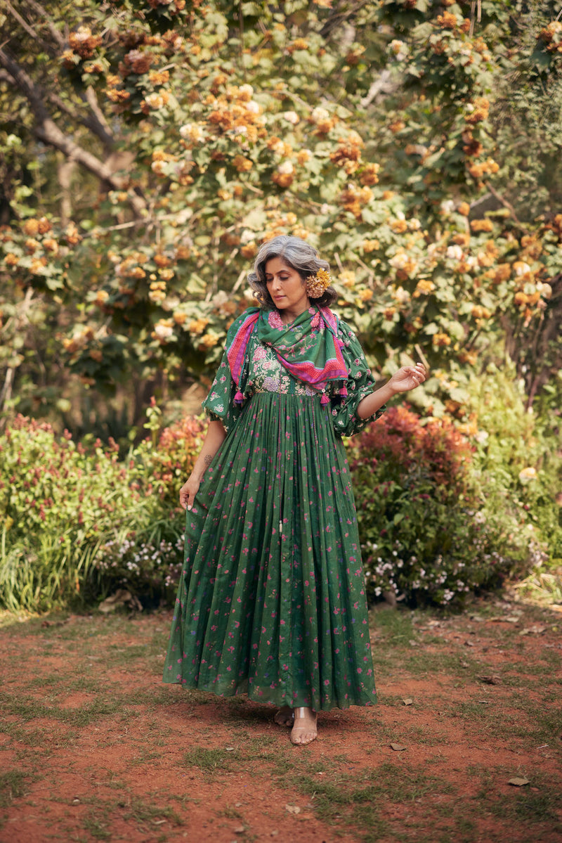 Lucy Maxi Set-Fern Green chanderi by Paulmi & Harsh in green for women Worldwide