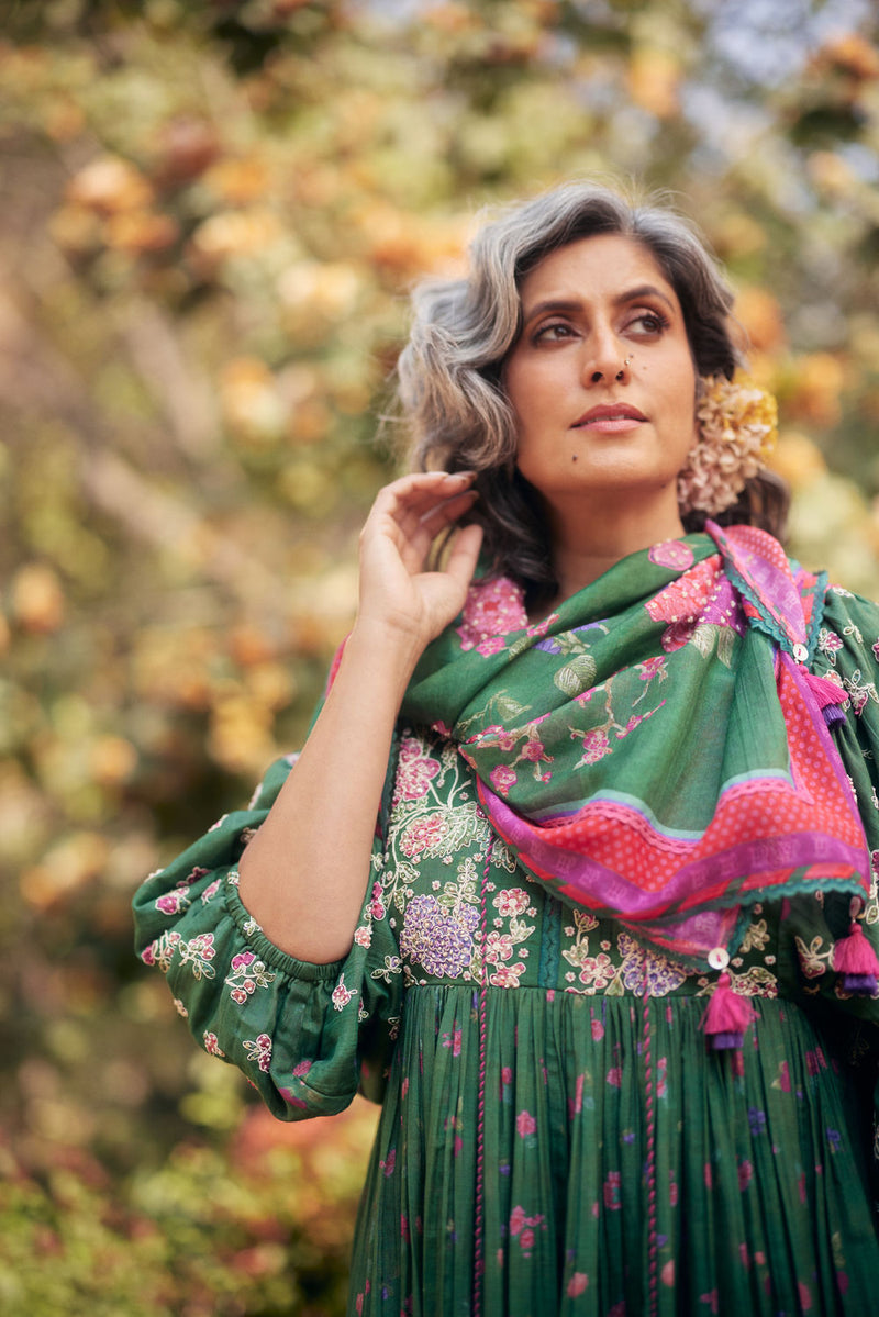 Lucy Maxi Set-Fern Green chanderi by Paulmi & Harsh in green for women Worldwide