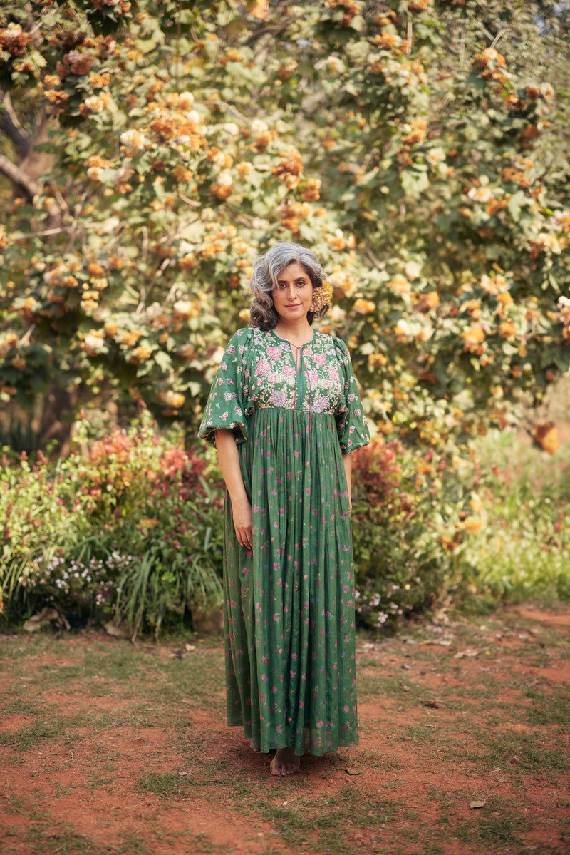 Lucy Maxi Set-Fern Green chanderi by Paulmi & Harsh in green for women Worldwide