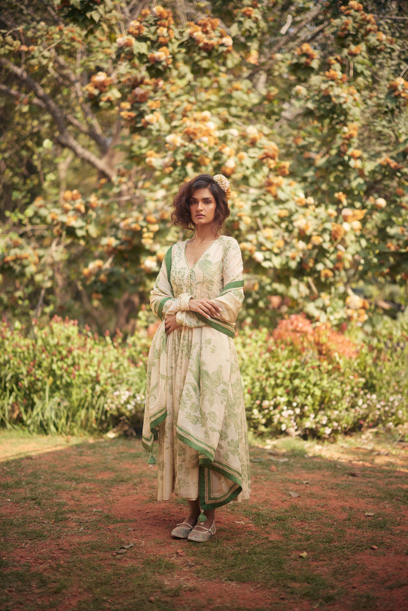Fern Anarkali Set chanderi by Paulmi & Harsh in green, ivory for women Worldwide