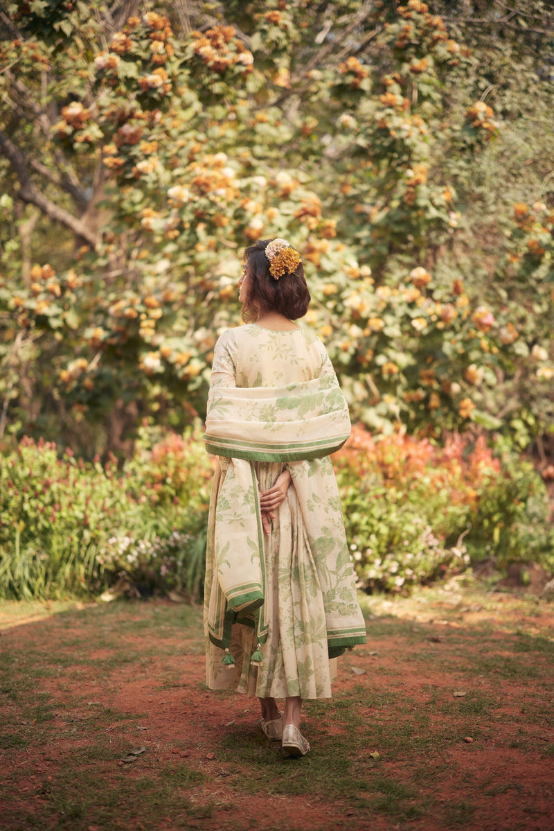 Fern Anarkali Set chanderi by Paulmi & Harsh in green, ivory for women Worldwide