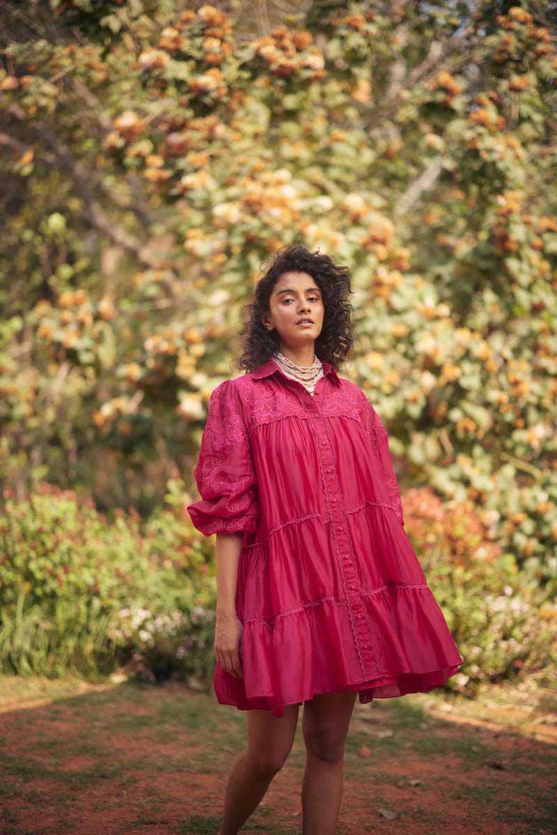 Lana Dress-Pink chanderi by Paulmi & Harsh in pink for women Worldwide