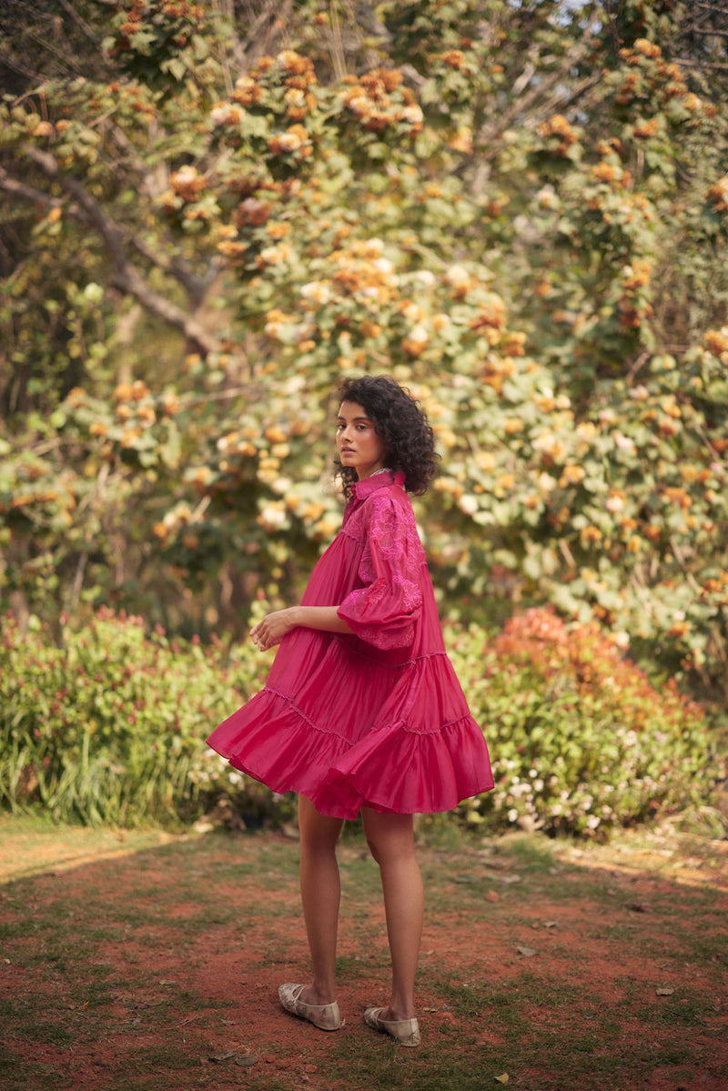 Lana Dress-Pink chanderi by Paulmi & Harsh in pink for women Worldwide