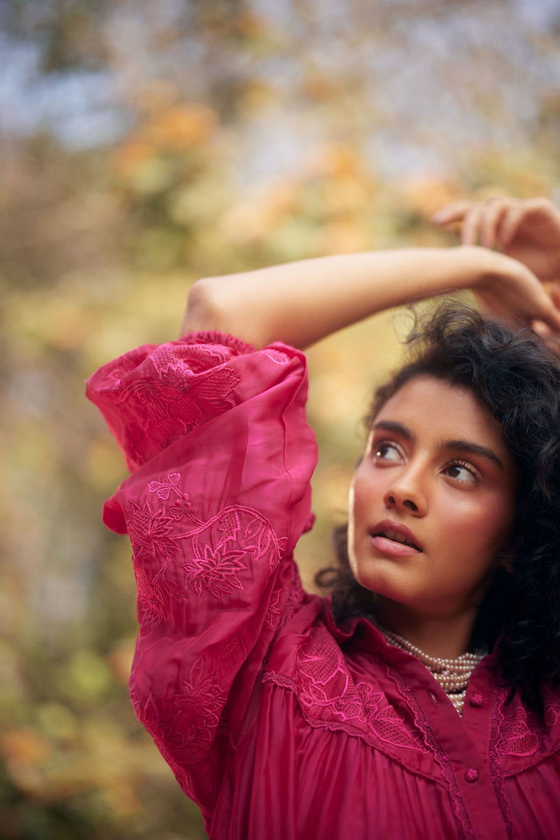 Lana Dress-Pink chanderi by Paulmi & Harsh in pink for women Worldwide