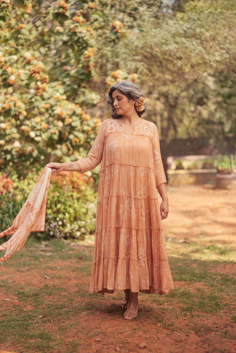 Daria Dress Set chanderi by Paulmi & Harsh in apricoat for women Worldwide