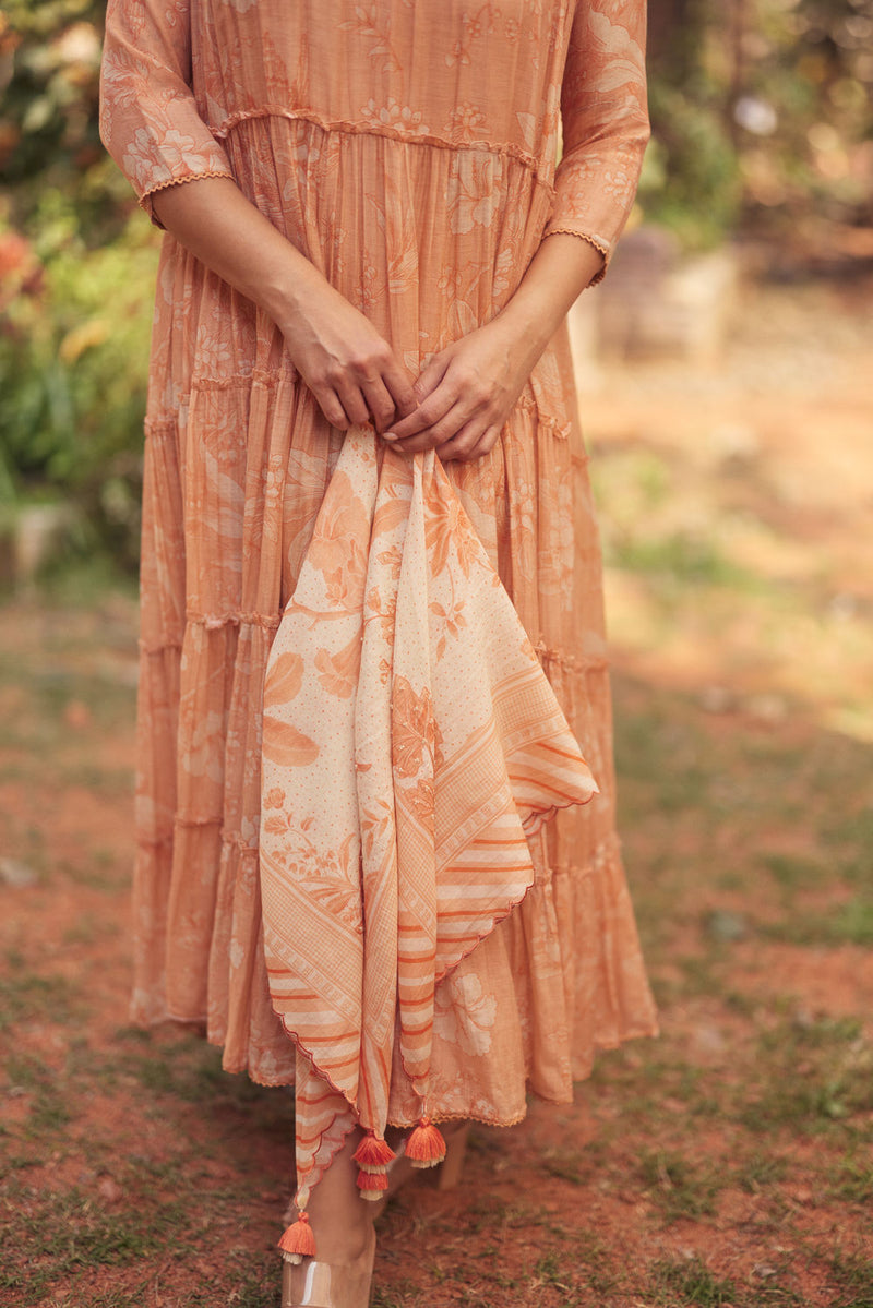 Daria Dress Set chanderi by Paulmi & Harsh in apricoat for women Worldwide