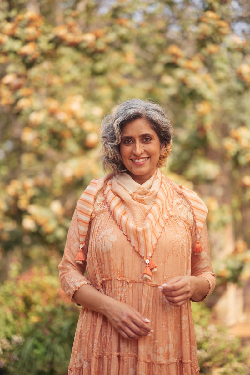 Daria Dress Set chanderi by Paulmi & Harsh in apricoat for women Worldwide