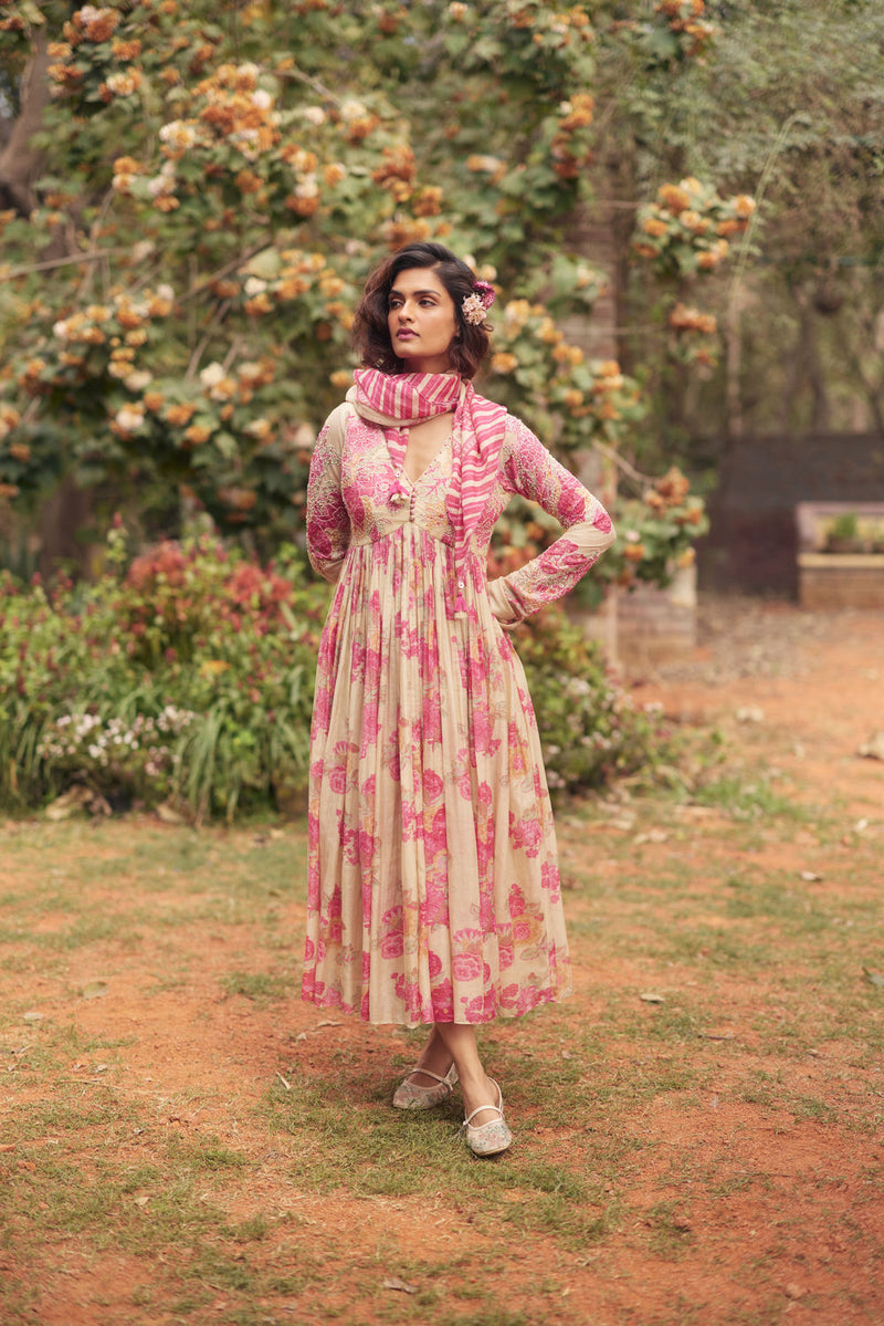 Alice Maxi Dress Set chanderi by Paulmi & Harsh in pink and ivory for women Worldwide