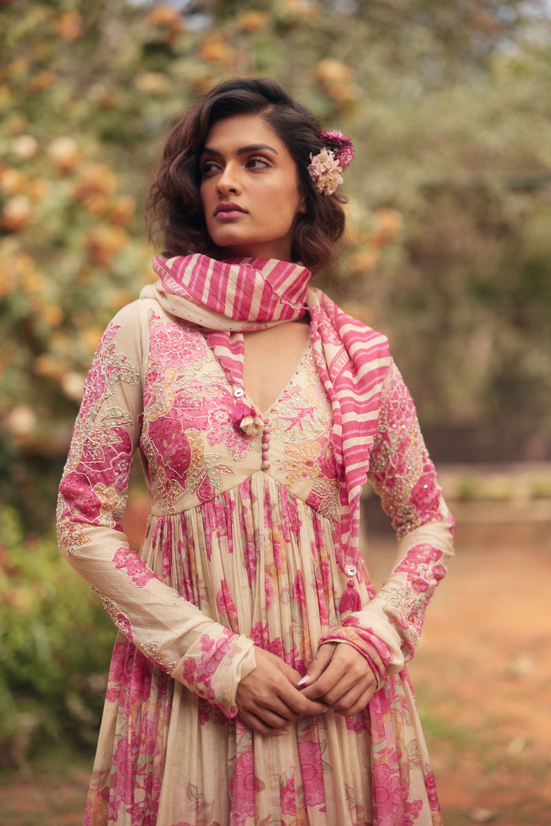 Alice Maxi Dress Set chanderi by Paulmi & Harsh in pink and ivory for women Worldwide