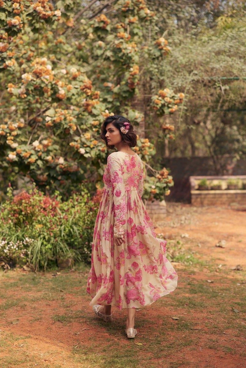 Alice Maxi Dress Set chanderi by Paulmi & Harsh in pink and ivory for women Worldwide