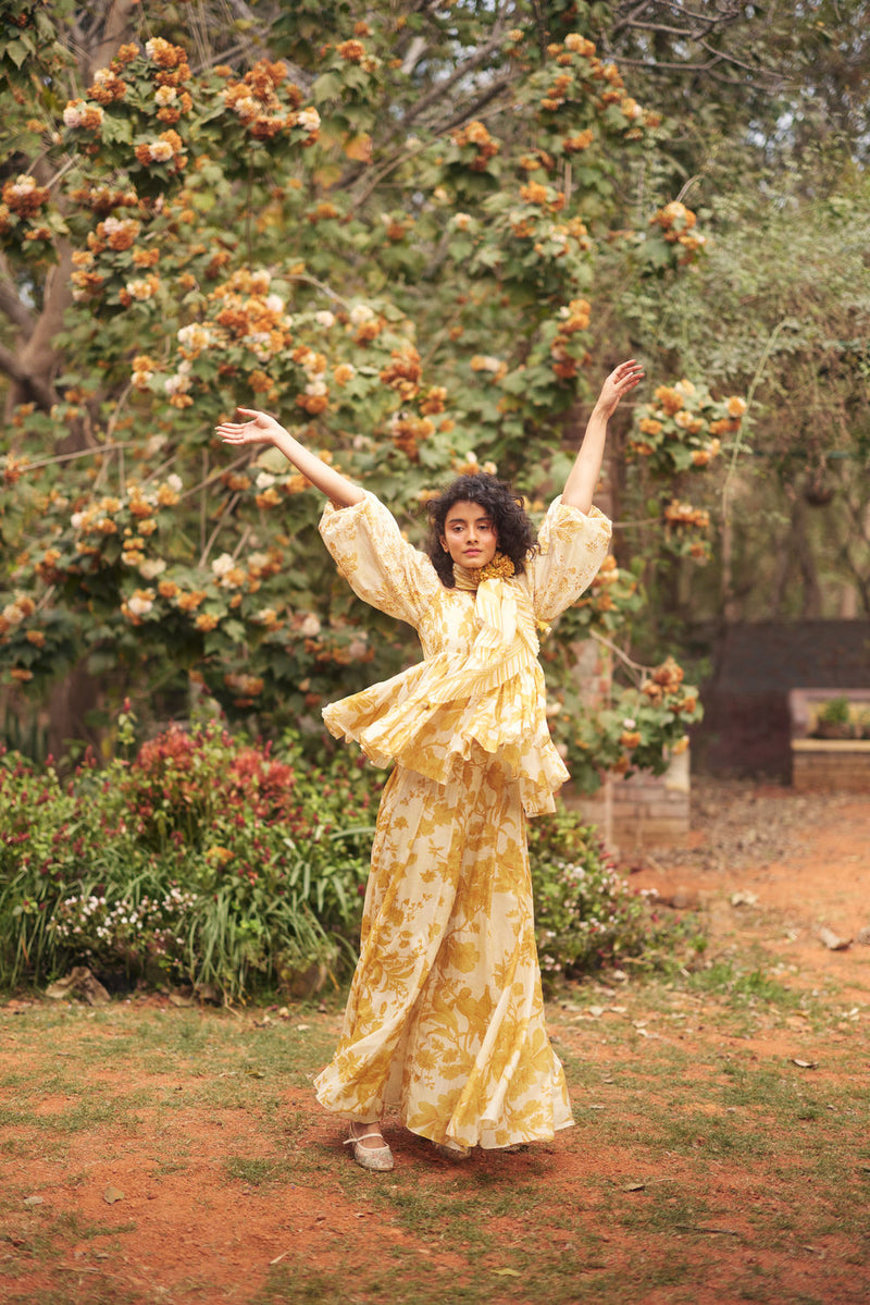 Aveza Peplum Set-Yellow chanderi by Paulmi & Harsh in golden yellow for women Worldwide