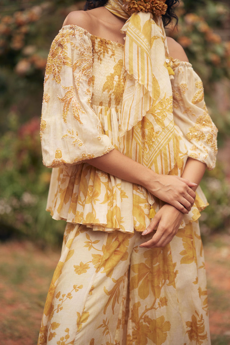 Aveza Peplum Set-Yellow chanderi by Paulmi & Harsh in golden yellow for women Worldwide