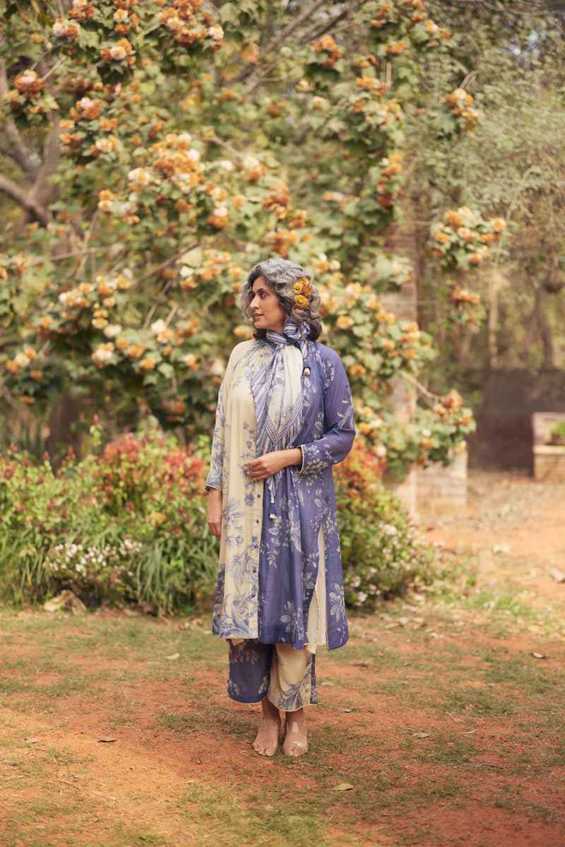 Monaco Shirt Dress Set chanderi by Paulmi & Harsh in blue, ivory for women Worldwide