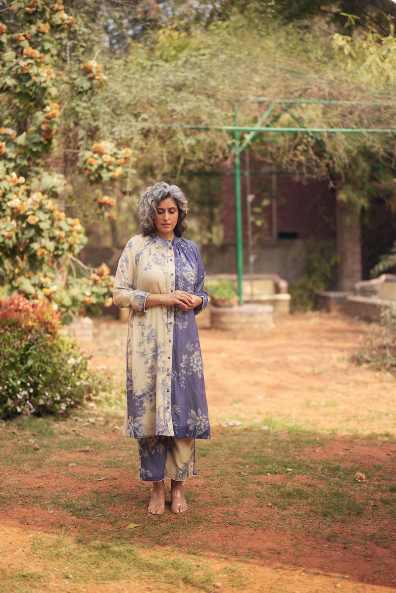 Monaco Shirt Dress Set chanderi by Paulmi & Harsh in blue, ivory for women Worldwide