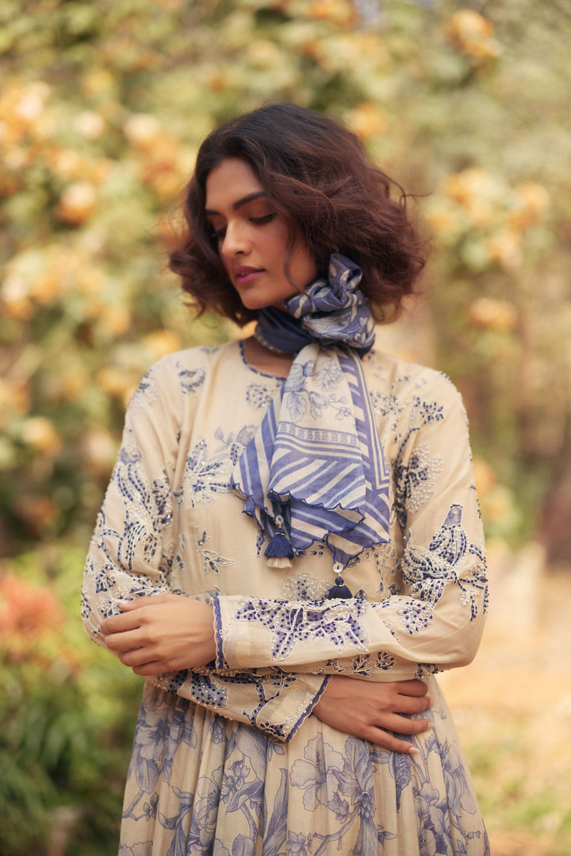 Tillie Anarkali Set chanderi by Paulmi & Harsh in blue, ivory for women Worldwide