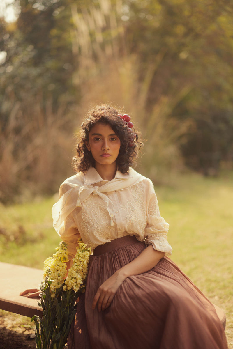 Ziva Skirt Set chanderi by Paulmi & Harsh in ivory, brown for women Worldwide