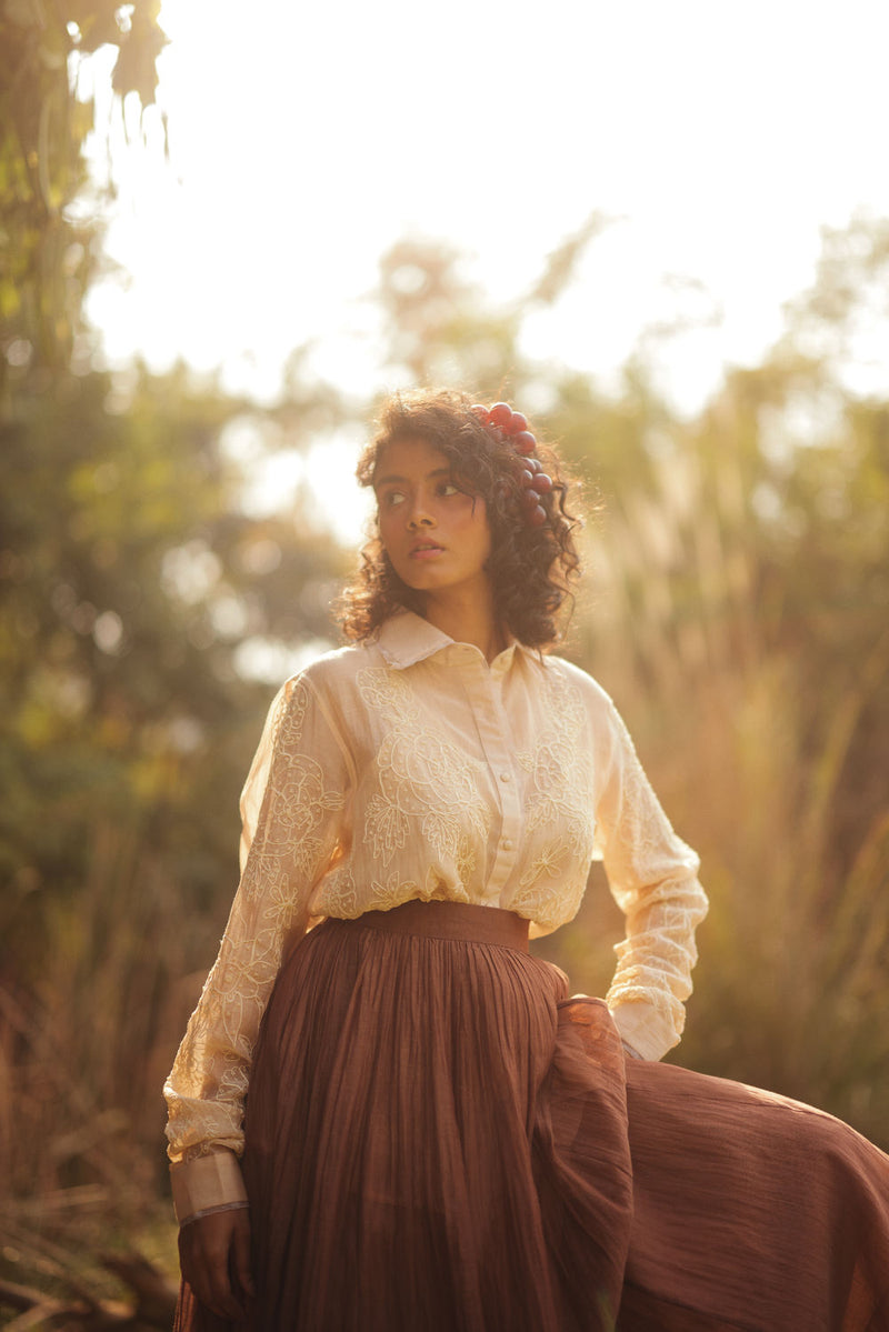 Ziva Skirt Set chanderi by Paulmi & Harsh in ivory, brown for women Worldwide