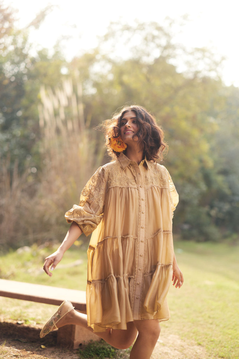 Lana Dress-Beige chanderi by Paulmi & Harsh in beige for women Worldwide