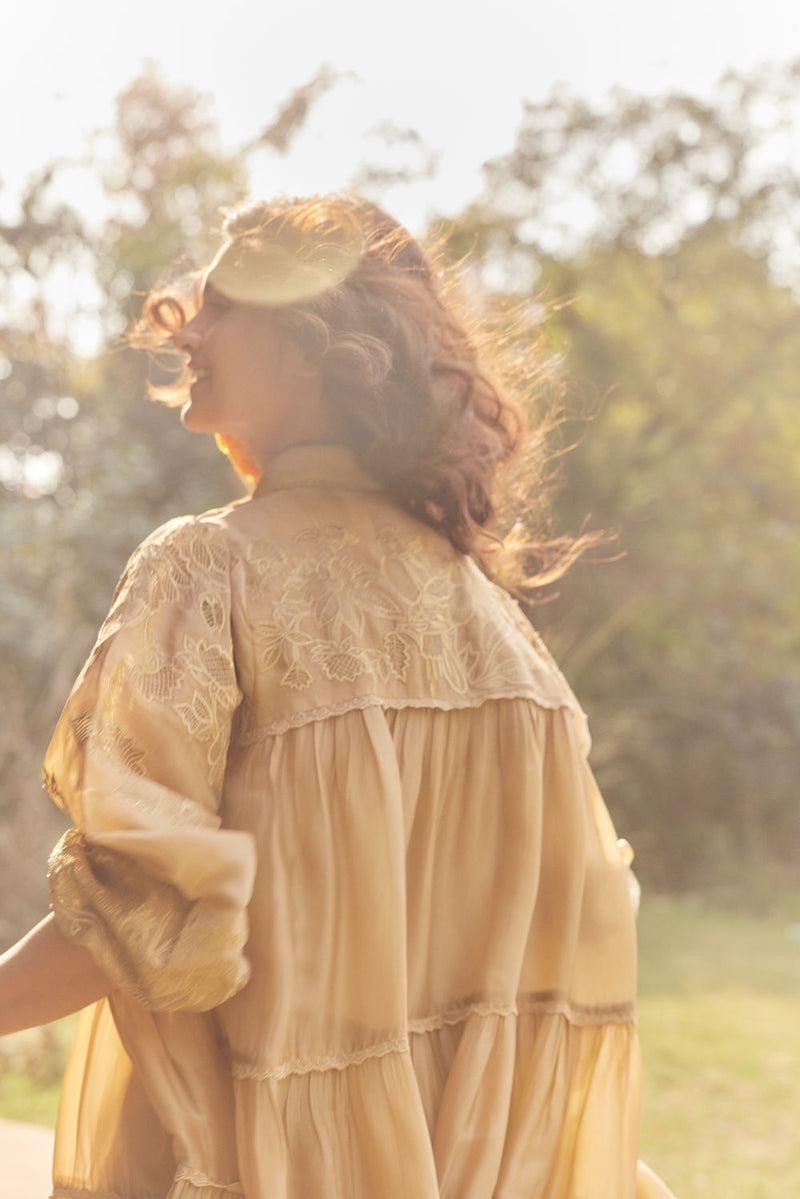Lana Dress-Beige chanderi by Paulmi & Harsh in beige for women Worldwide