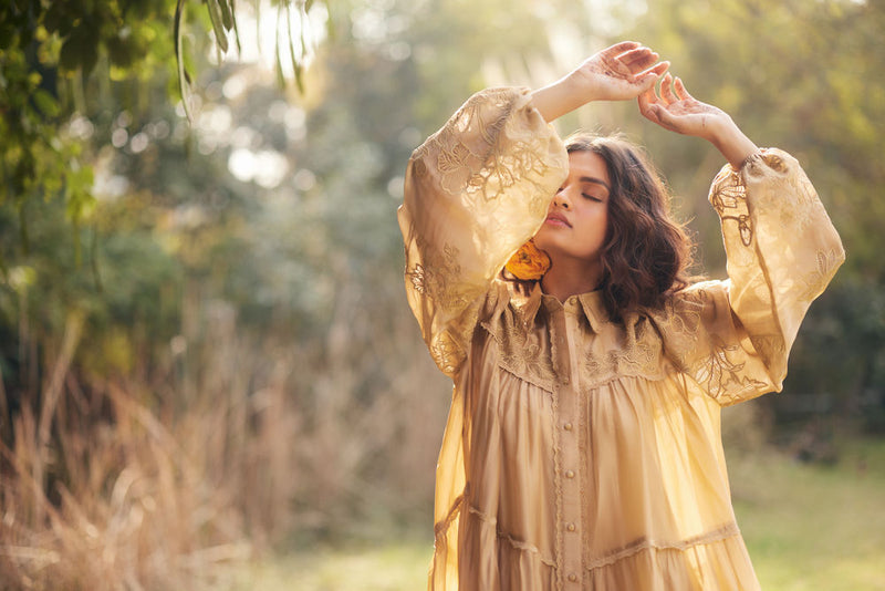 Lana Dress-Beige chanderi by Paulmi & Harsh in beige for women Worldwide