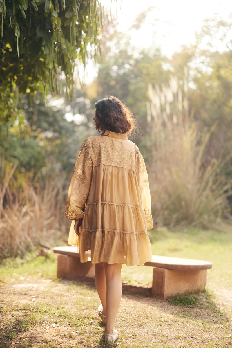 Lana Dress-Beige chanderi by Paulmi & Harsh in beige for women Worldwide