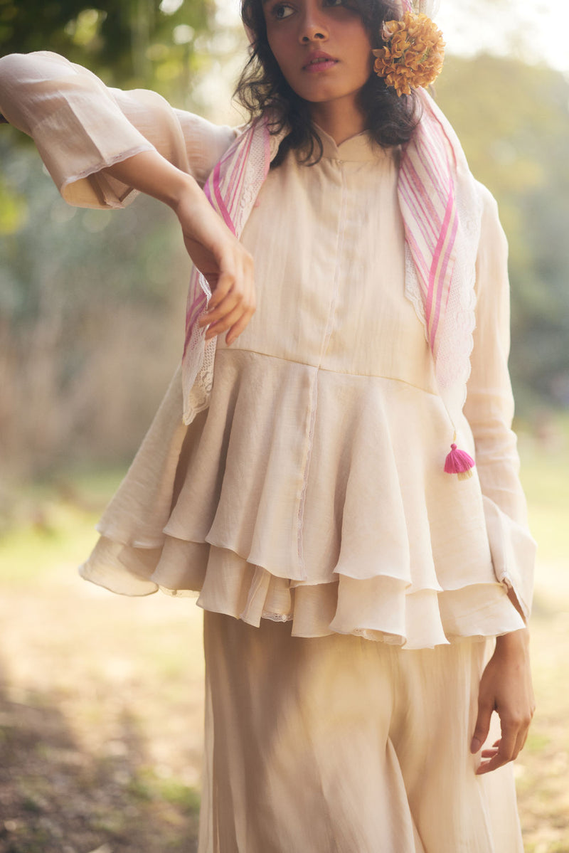 Amani Peplum Set chanderi by Paulmi & Harsh in ivory for women Worldwide