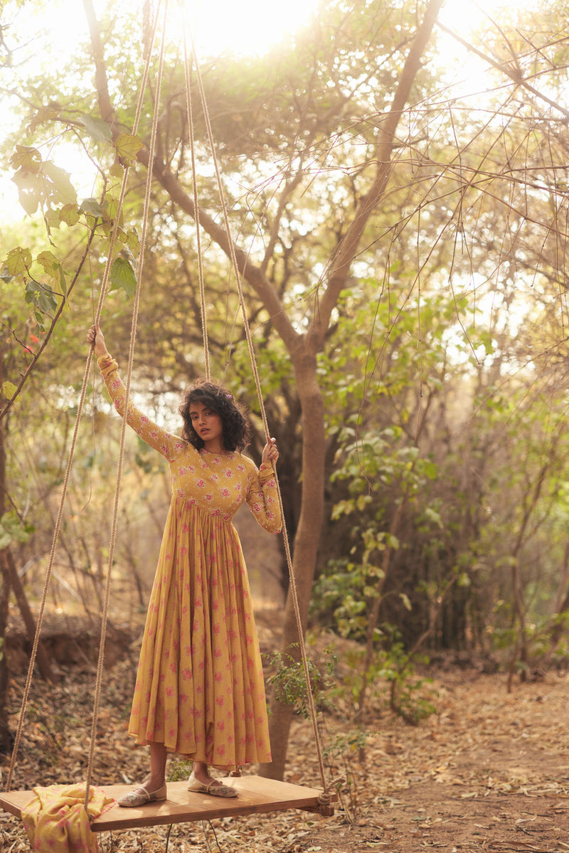 Harlow Anarkali Set-Yellow chanderi by Paulmi & Harsh in golden yellow for women Worldwide
