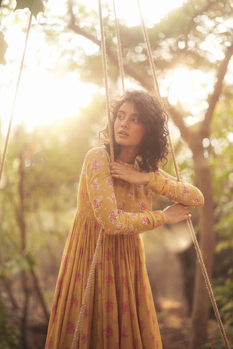 Harlow Anarkali Set-Yellow chanderi by Paulmi & Harsh in golden yellow for women Worldwide