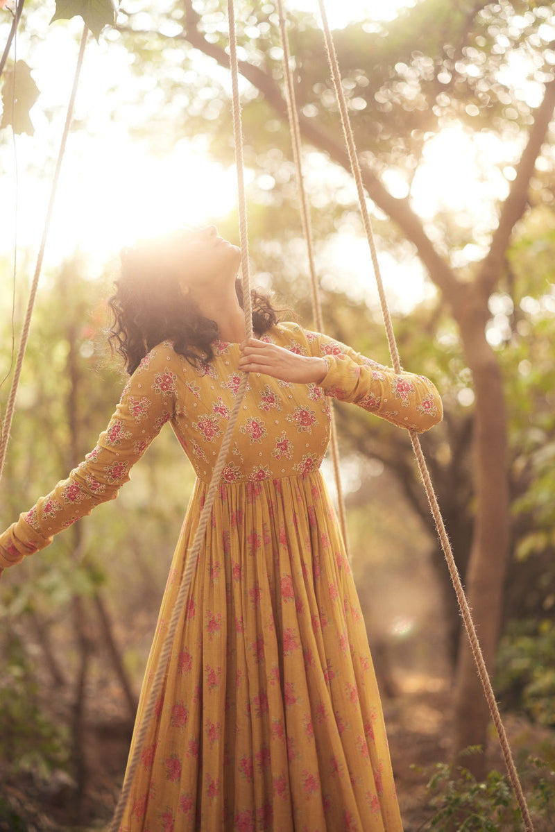 Harlow Anarkali Set-Yellow chanderi by Paulmi & Harsh in golden yellow for women Worldwide